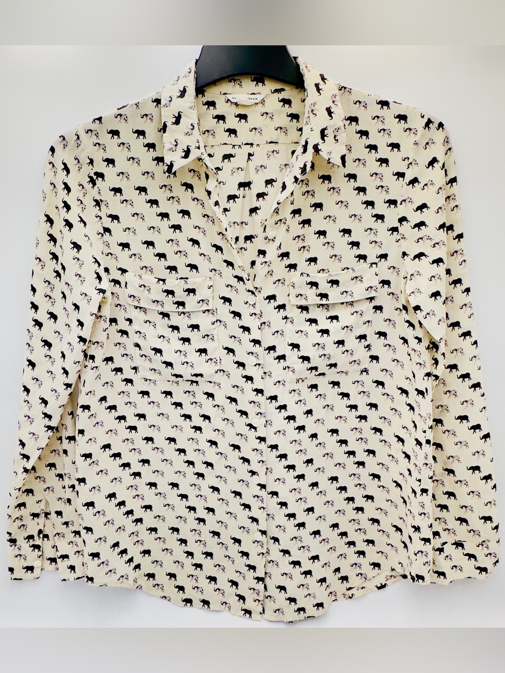 Club Monaco Cream Button-Down Shirt with Black Elephant Motif